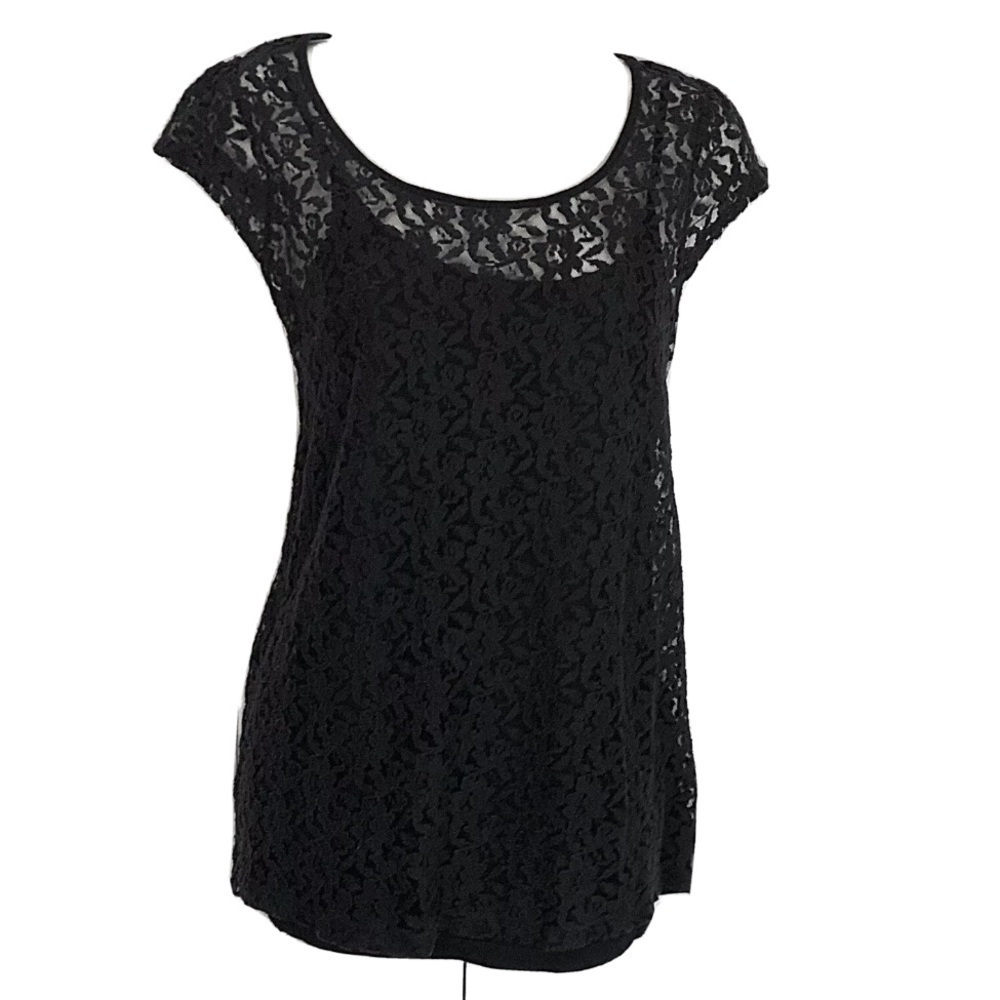 Oh Baby! stretch lace cap sleeve pullover black floral scoop neck maternity…